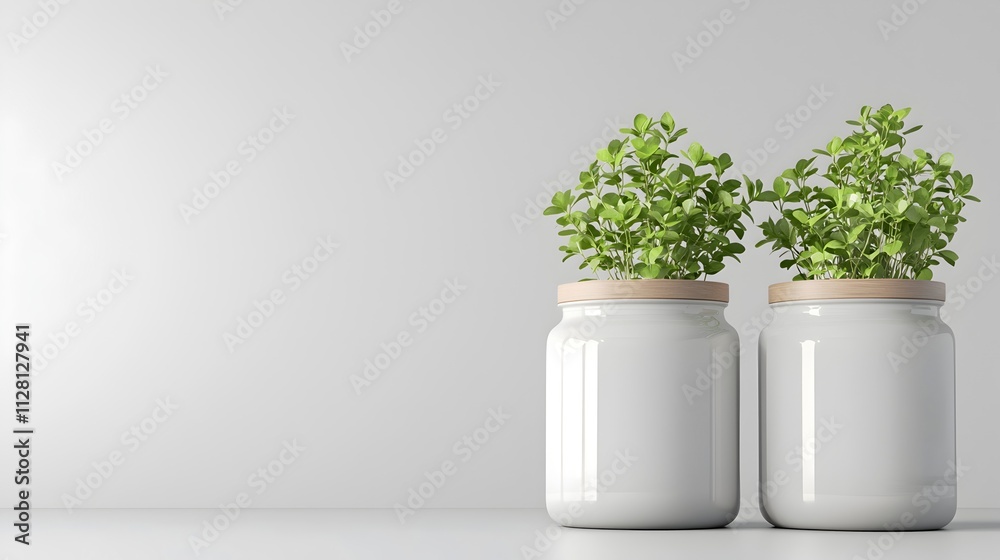 Fototapeta premium Green Plants in Modern White Containers