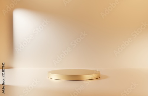 Gold empty podium or pedestal for product presentation. Round mockup platform on gold background. 3D render