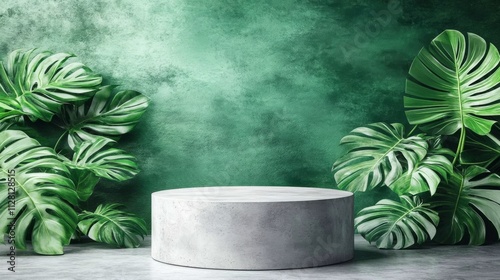 Round concrete table center room green wall background Tropical