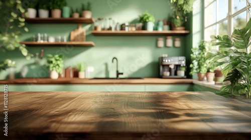 Wooden table foreground blurred background kitchen is center Top