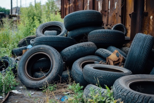 Old tires piled up in an abandoned urban lot gritty high-contrast image capturing urban decay and environmental impact nature and industry intertwined wide-angle viewpoint