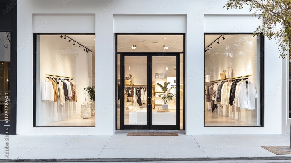 Fototapeta premium A bright white boutique storefront with large, clean display windows, displaying trendy outfits and stylish decor for a modern shopping experience