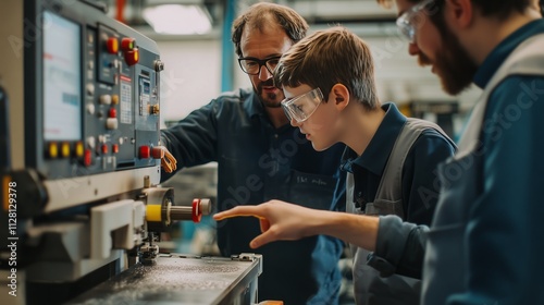 An apprentice and teacher collaborate at a CNC machine, showcasing vocational training and craftsmanship.