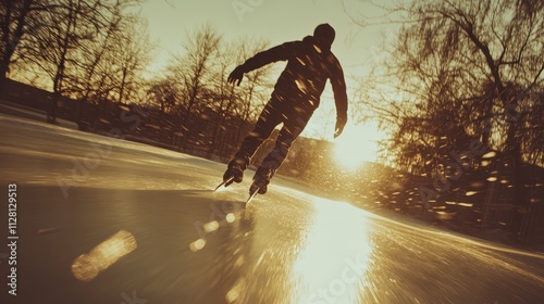 Portrait of player playing hockey on ice rink in position to hit hockey puck,One hockey player on ice in action,Professional Player Shooting the Puck,match, game, action,Concept of sport. photo