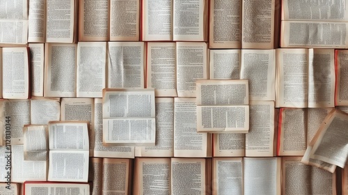 Eclectic Wall Display of Open Books with Fluttering Pages, Soft Hues, and Vibrant Text