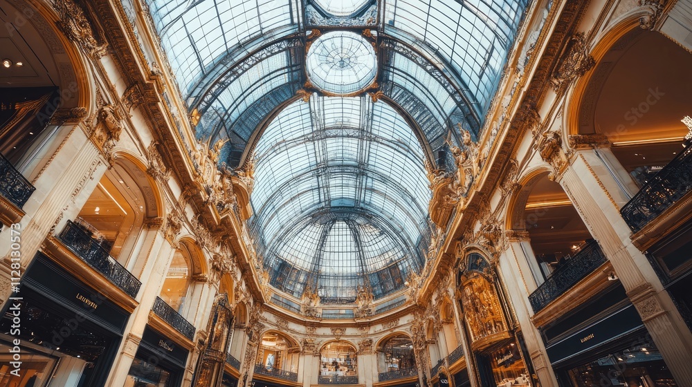 A chic luxury mall with a beautiful glass dome ceiling, natural light flooding the space, and high-end boutiques creating an upscale shopping atmosphere A chic luxury mall with a beautiful glass dome ceiling, natural light flooding the space, and high-end boutiques creating an upscale shopping atmosphere