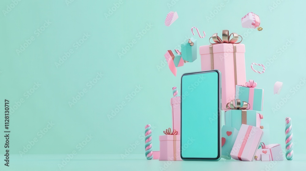 Abstract 3D model of a smartphone with exploding icons of shopping, discounts and digital payment solutions, pastel theme Abstract 3D model of a smartphone with exploding icons of shopping, discounts and digital payment solutions, pastel theme