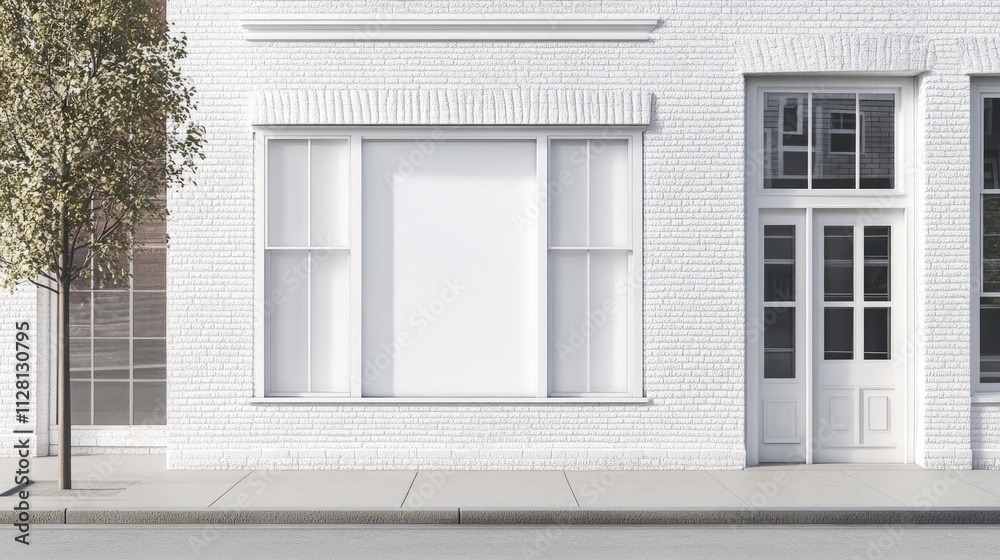 A classic white brick building with a blank shop window, offering space for a store sign or display, and a clean sidewalk in front