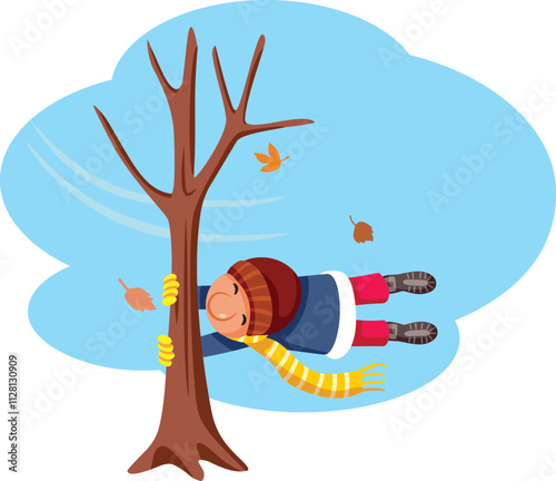 Person Clinging to a Tree in Windy Tempest Storm Weather Vector Illustration. Man in danger during a super storm cause by climate change 
