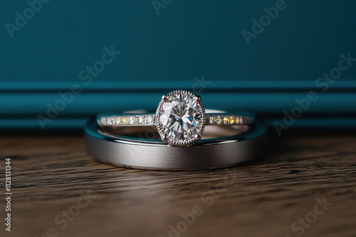 Elegant engagement ring with sparkling diamond on wooden surface