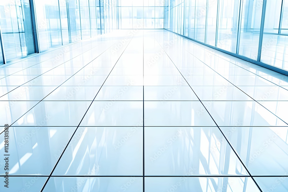 Fototapeta premium A bright, modern hallway with glossy white tiles and large glass windows, creating an open and airy atmosphere.
