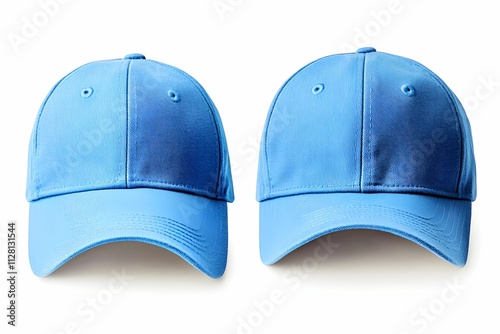 Two blue baseball caps displayed side by side, showcasing a smooth texture and classic design. photo