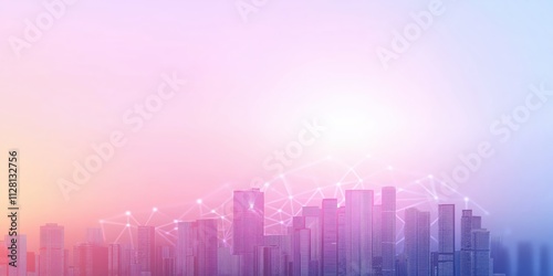 An artistic representation of a city skyline at sunset, adorned with abstract shapes and glowing connections, symbolizing urban life and technological advancement.