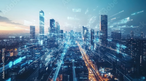 Smart digital city with interactive holographic structures, sleek futuristic architecture, flying cars zooming between skyscrapers, seamless integration of technology 