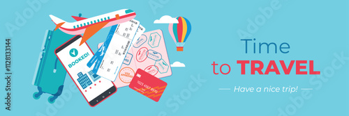 Beautiful background with travel and flight symbols. Flight backdrop with airplane, ticket, bank card, hotel reservation, passport, visa stamp. Banner, flyer, coupon, voucher