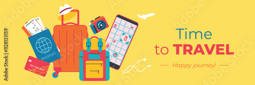 Beautiful background with travel elements: luggage, passport, ticket, bank card, map, phone, camera. Banner, flyer, invitation, coupon
