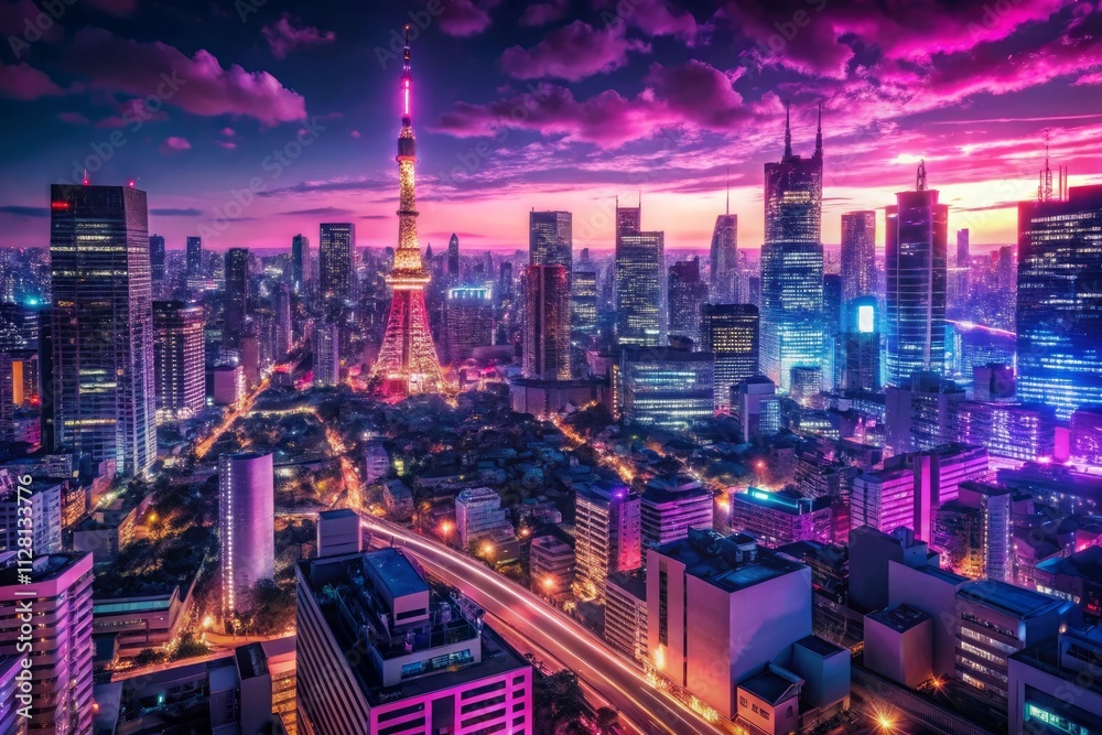 Naklejka premium The City Skyline is Illuminated at Night