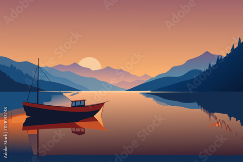 Fishing boat on a still lake at sunrise isolated vector illustration