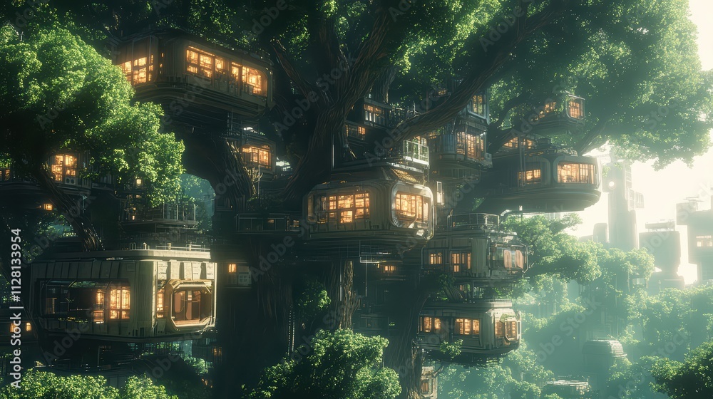 Obraz premium Floating Gardens City Enchanted Forest Digital Art Whimsical Environment Aerial View Urban Fantasy