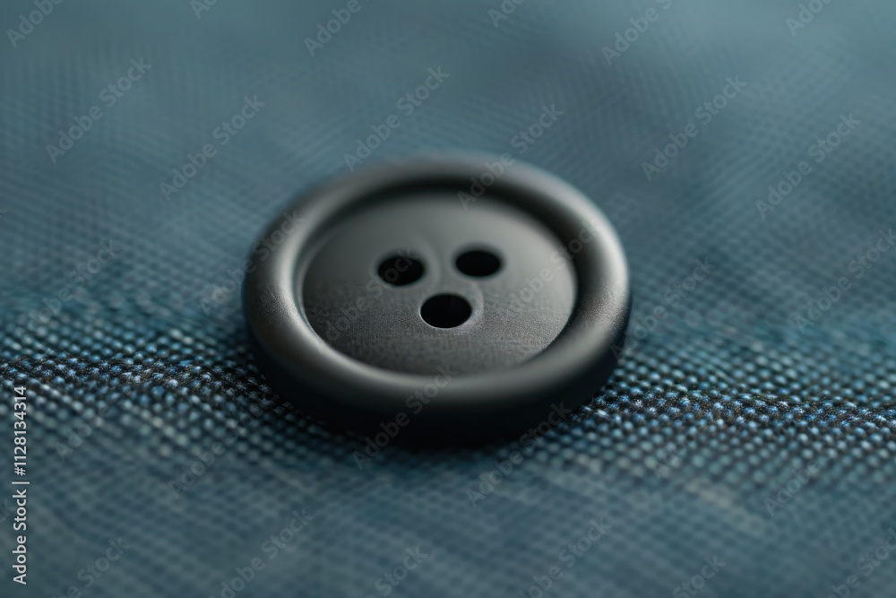 Close-up of a black button resting on textured fabric, highlighting its three holes and smooth surface Close-up of a black button resting on textured fabric, highlighting its three holes and smooth surface