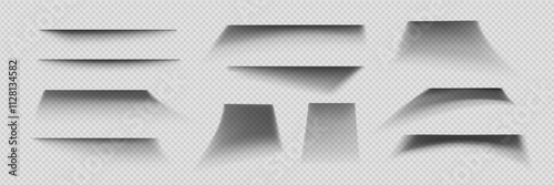 Shadow effect of paper like shapes on transparent background. Realistic 3d vector illustration set of straight linear forms with dimensional shade with soft blurred edges. Design overlay layout.
