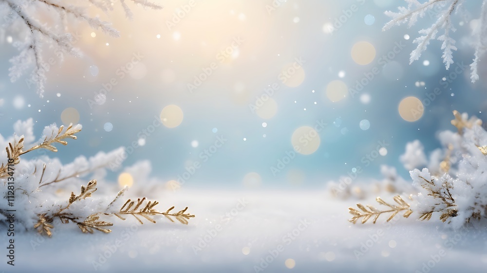 Serene Winter Landscape with Ice-Covered Branches and Warm Sunrise Bokeh Effect