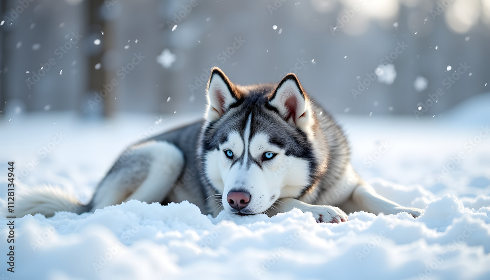 Naklejka premium Artistic shot of a Siberian Husky lying cozily in the snow surrounded by delicate snowflakes and picturesque winter landscape