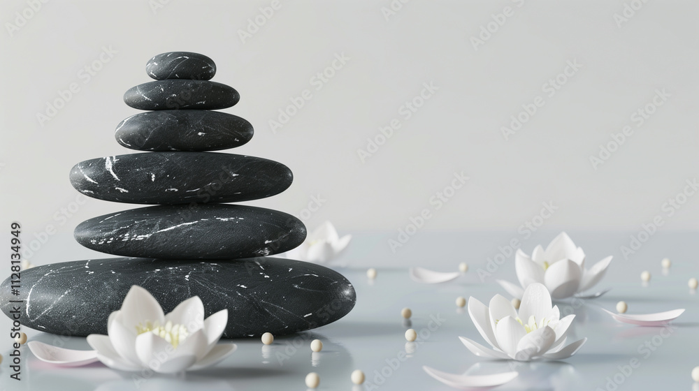 Stacked Black Zen Stones with White Lotus Flower
