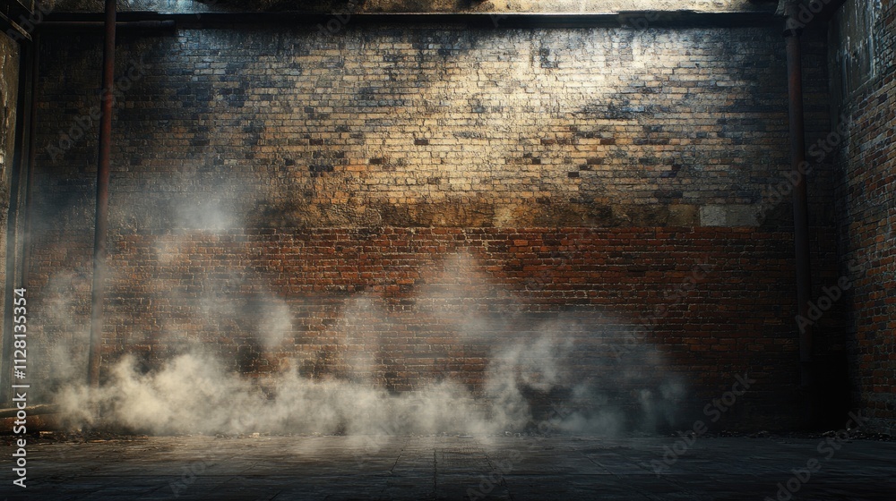Fototapeta premium A grungy, smoky atmosphere in front of a distressed brick wall, conveying a sense of industrial decay and urban edge with dramatic lighting