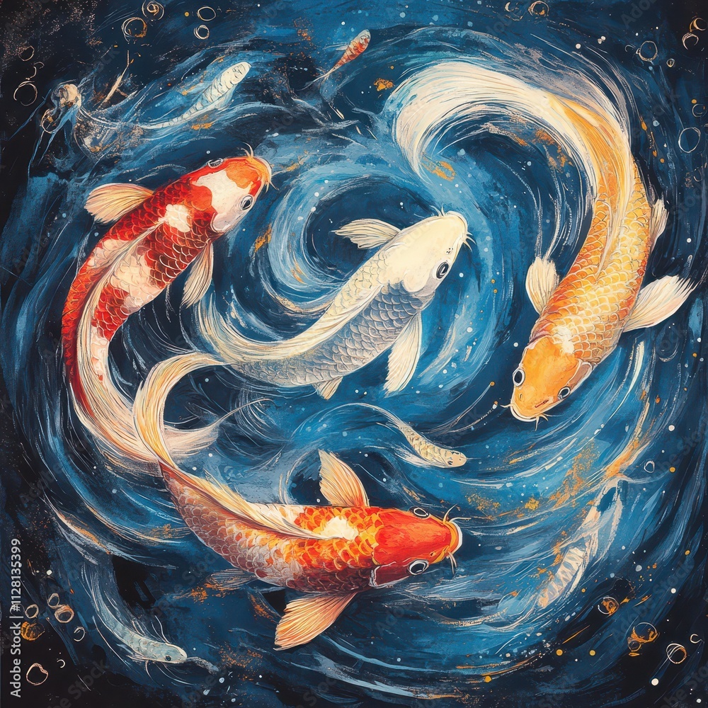 Artistic koi fish swimming in swirling waters, Happy New Year symbolic pattern Artistic koi fish swimming in swirling waters, Happy New Year symbolic pattern