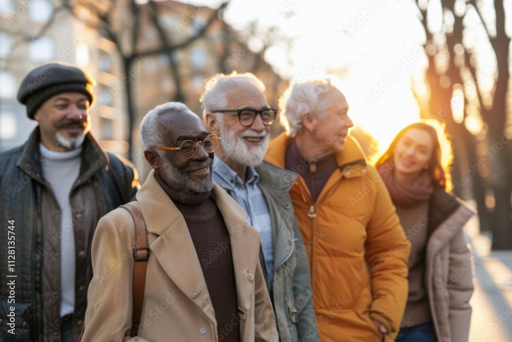 Group of multiethnic senior friends walking in the city at sunset Group of multiethnic senior friends walking in the city at sunset