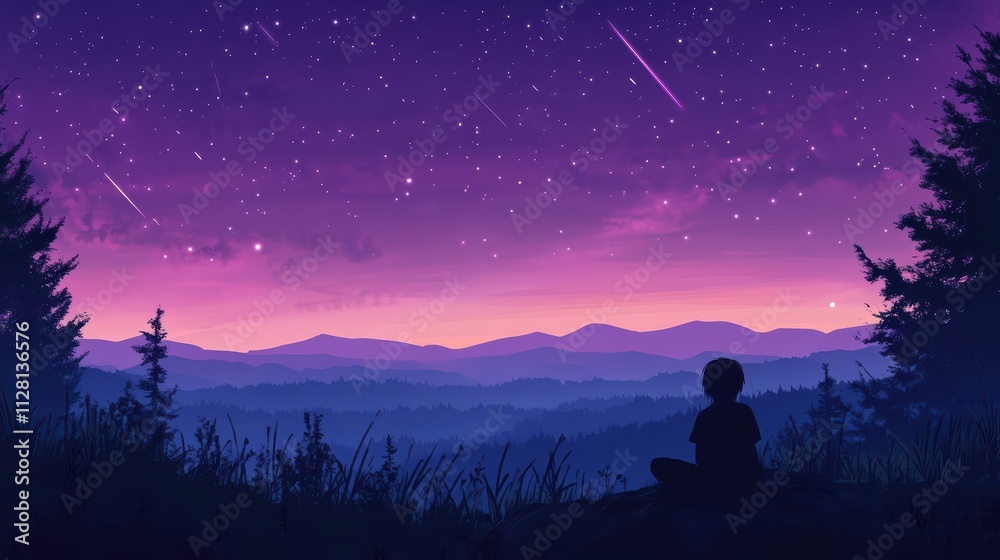 Stargazing Person Silhouette Dark Mountain Nightscape Cosmic Event Serene View Meteor Shower Stargazing Person Silhouette Dark Mountain Nightscape Cosmic Event Serene View Meteor Shower