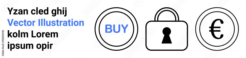 BUY button in blue inside a circle, padlock icon, and Euro currency symbol alongside lorem ipsum text. Ideal for e-commerce, online security, digital payments, financial transactions, fintech BUY button in blue inside a circle, padlock icon, and Euro currency symbol alongside lorem ipsum text. Ideal for e-commerce, online security, digital payments, financial transactions, fintech
