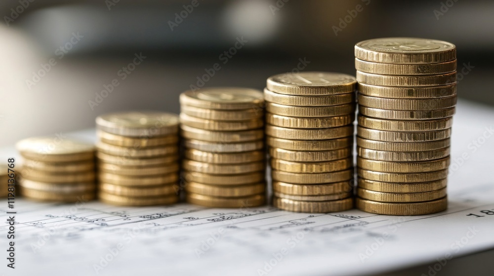 Golden Coins Stacked In Ascending Order On A Financial Document Golden Coins Stacked In Ascending Order On A Financial Document