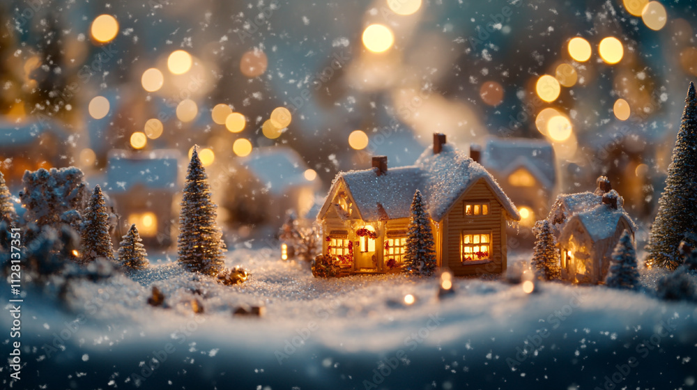 Captivating winter village with glowing houses amidst falling snow Captivating winter village with glowing houses amidst falling snow