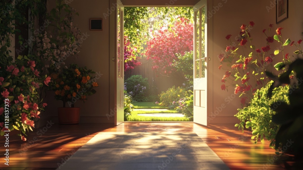 Obraz premium Sunlit Garden View Through Open Doorway