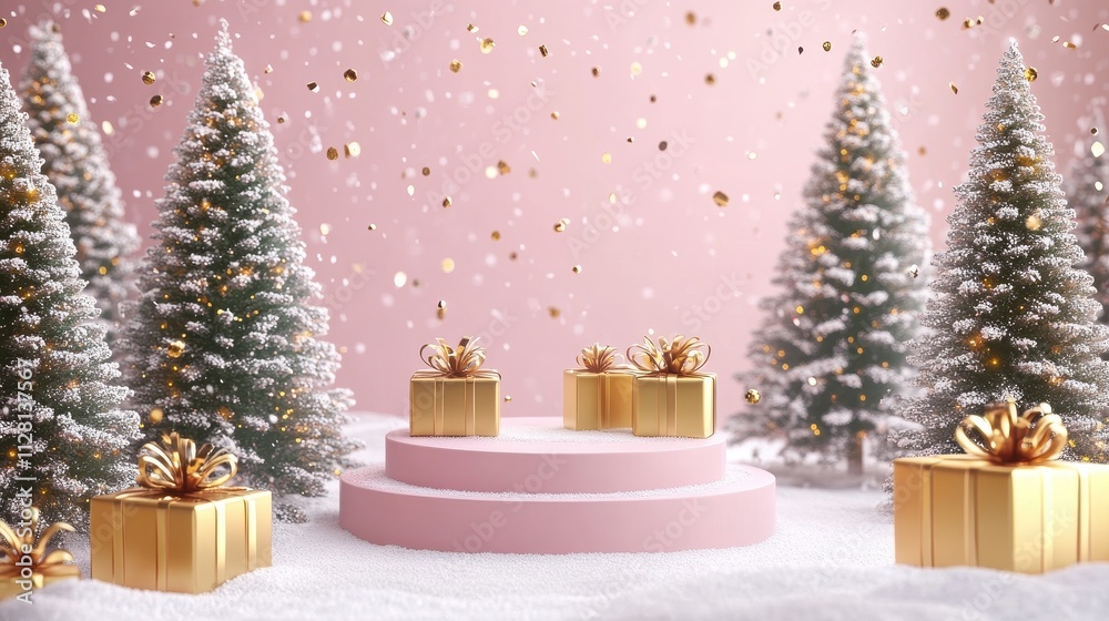 Christmas tree with white snowdrift,snowflakes,snow land,podium with bauble,Christmas theme stage podium mock up for product placement,Happy New Year. Celebrate party,Xmas Poster,web banner,festive. Christmas tree with white snowdrift,snowflakes,snow land,podium with bauble,Christmas theme stage podium mock up for product placement,Happy New Year. Celebrate party,Xmas Poster,web banner,festive.