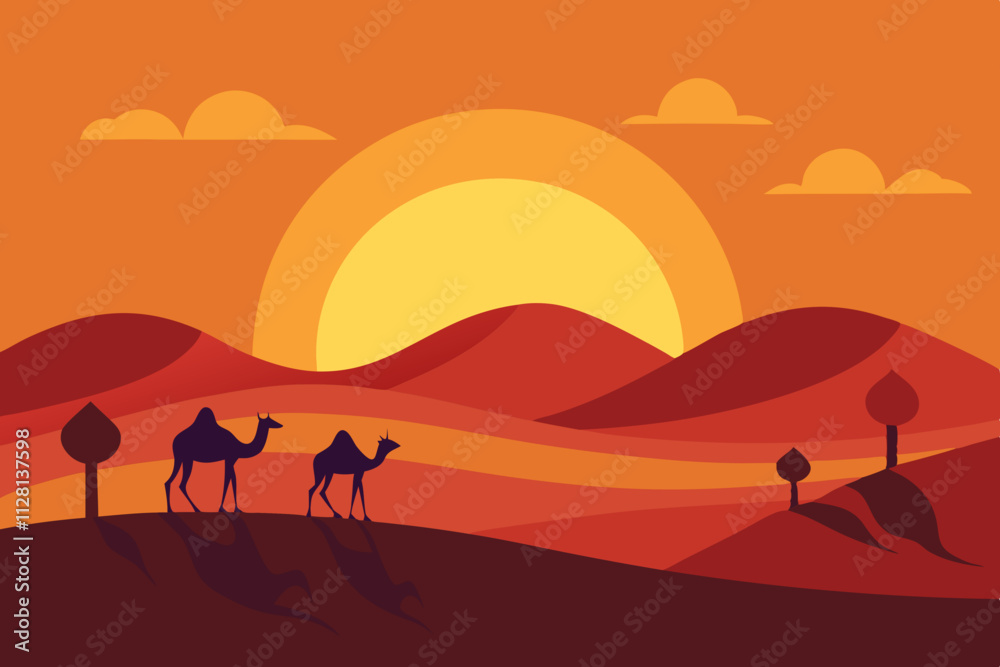 Desert scene with camels under a glowing sunset isolated vector illustration Desert scene with camels under a glowing sunset isolated vector illustration
