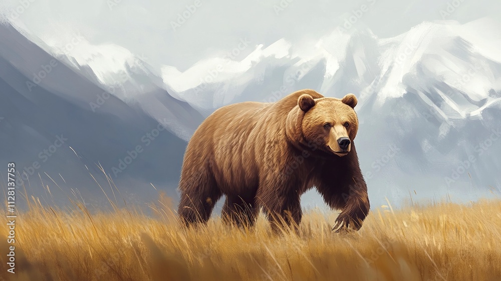 Grizzly brown bear - Ursus arctos horribilis - walking in grass meadow with blurred mountainous and sky background. Grizzly brown bear - Ursus arctos horribilis - walking in grass meadow with blurred mountainous and sky background.