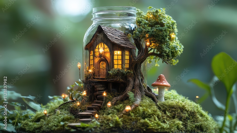 Fototapeta premium Creating a Miniature Treehouse in a Mason Jar with Tiny Lights Enchanted Setting DIY Craft Magical Vibe Whimsical Concept