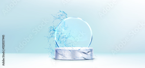 3d marble white podium with glass circle decorative shape and clear water splash with drops on light blue pastel background for summer seasonal sale banner, cosmetic and spa product promotion.