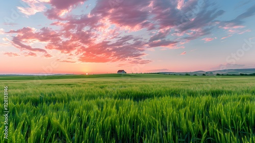 A small house on a grassy hill with a beautiful pink sunset sky.