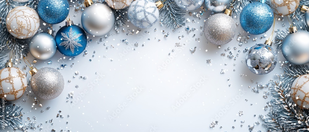 A Christmas banner with silver and blue baubles hanging from the top. The middle area is blank for text, Generative AI