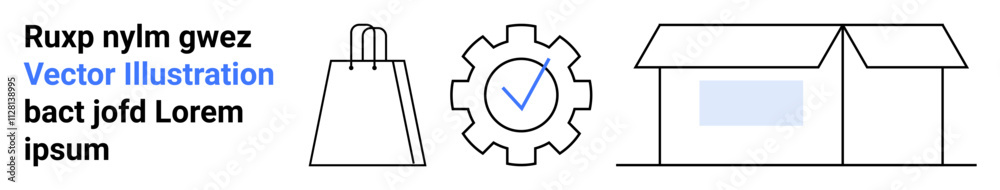 Shopping bag, gear with check mark, and warehouse outline. Ideal for e-commerce, logistics, online shopping, inventory management, order fulfillment retail warehouse operations. Landing page Shopping bag, gear with check mark, and warehouse outline. Ideal for e-commerce, logistics, online shopping, inventory management, order fulfillment retail warehouse operations. Landing page