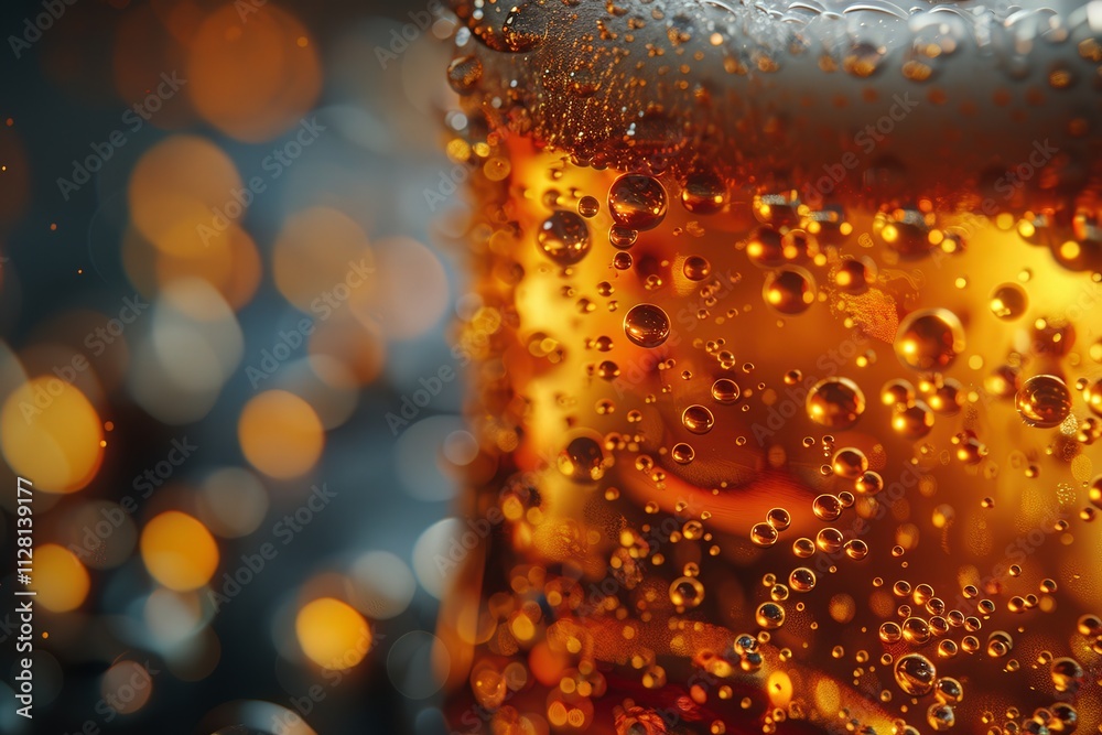Bursting Effervescence of Carbonated Beverage with Golden Amber Bubbles and Light Refractions Creating a Vivid and Refreshing Scene Bursting Effervescence of Carbonated Beverage with Golden Amber Bubbles and Light Refractions Creating a Vivid and Refreshing Scene