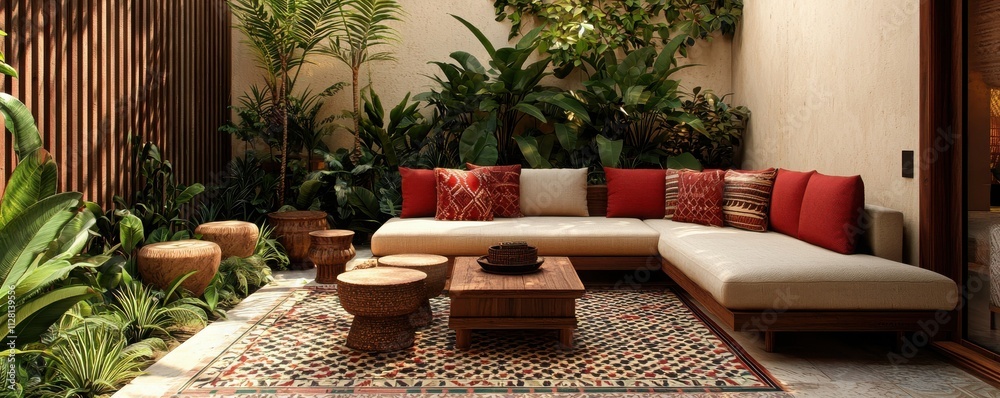 Obraz premium Lush Moroccan Indoor Garden Living Room with Stylish Seating and Vibrant Decorative Elements
