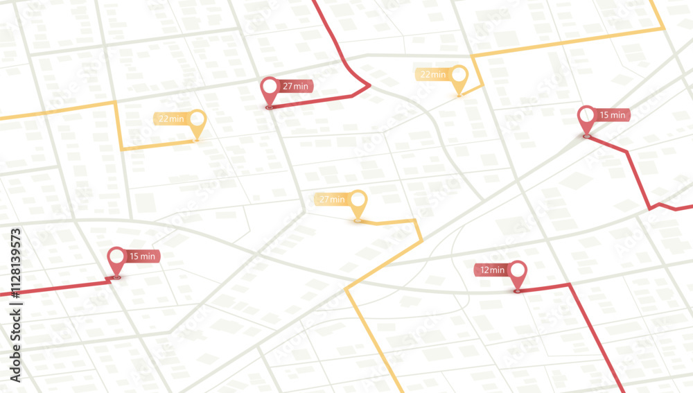 Multiple destinations. Gps tracking map. Track navigation pins on street maps, navigate mapping technology and locate position pin. Travel map or location navigator vector illustration Multiple destinations. Gps tracking map. Track navigation pins on street maps, navigate mapping technology and locate position pin. Travel map or location navigator vector illustration