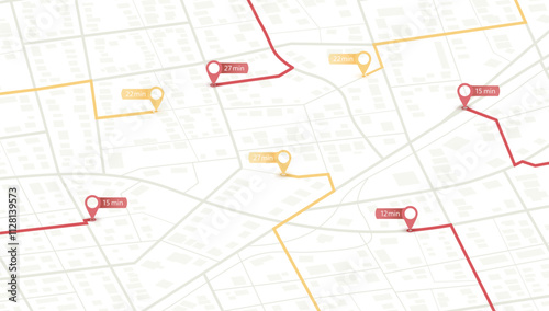 Multiple destinations. Gps tracking map. Track navigation pins on street maps, navigate mapping technology and locate position pin. Travel map or location navigator vector illustration