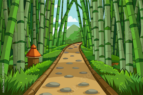 Pathway through a dense bamboo forest  isolated vector illustration