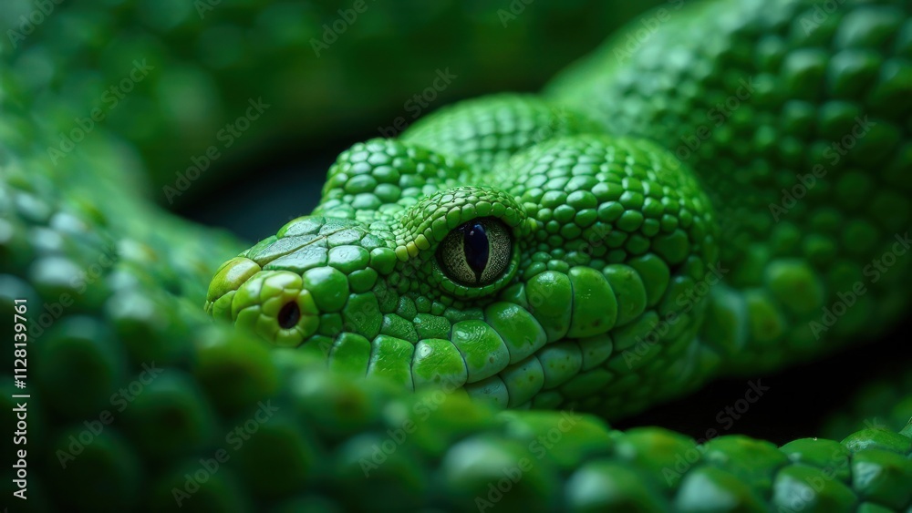 A coiled green snake against a dark background. Symbol of New Year according the Eastern calendar. Fear and snakephobia concept. A dangerous reptile. Poisonous animal A coiled green snake against a dark background. Symbol of New Year according the Eastern calendar. Fear and snakephobia concept. A dangerous reptile. Poisonous animal